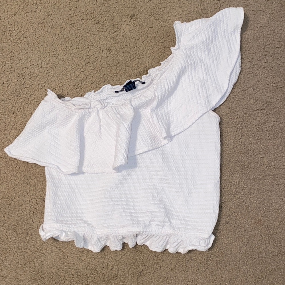 French Connection White One-Shoulder Ruffled Tank Top